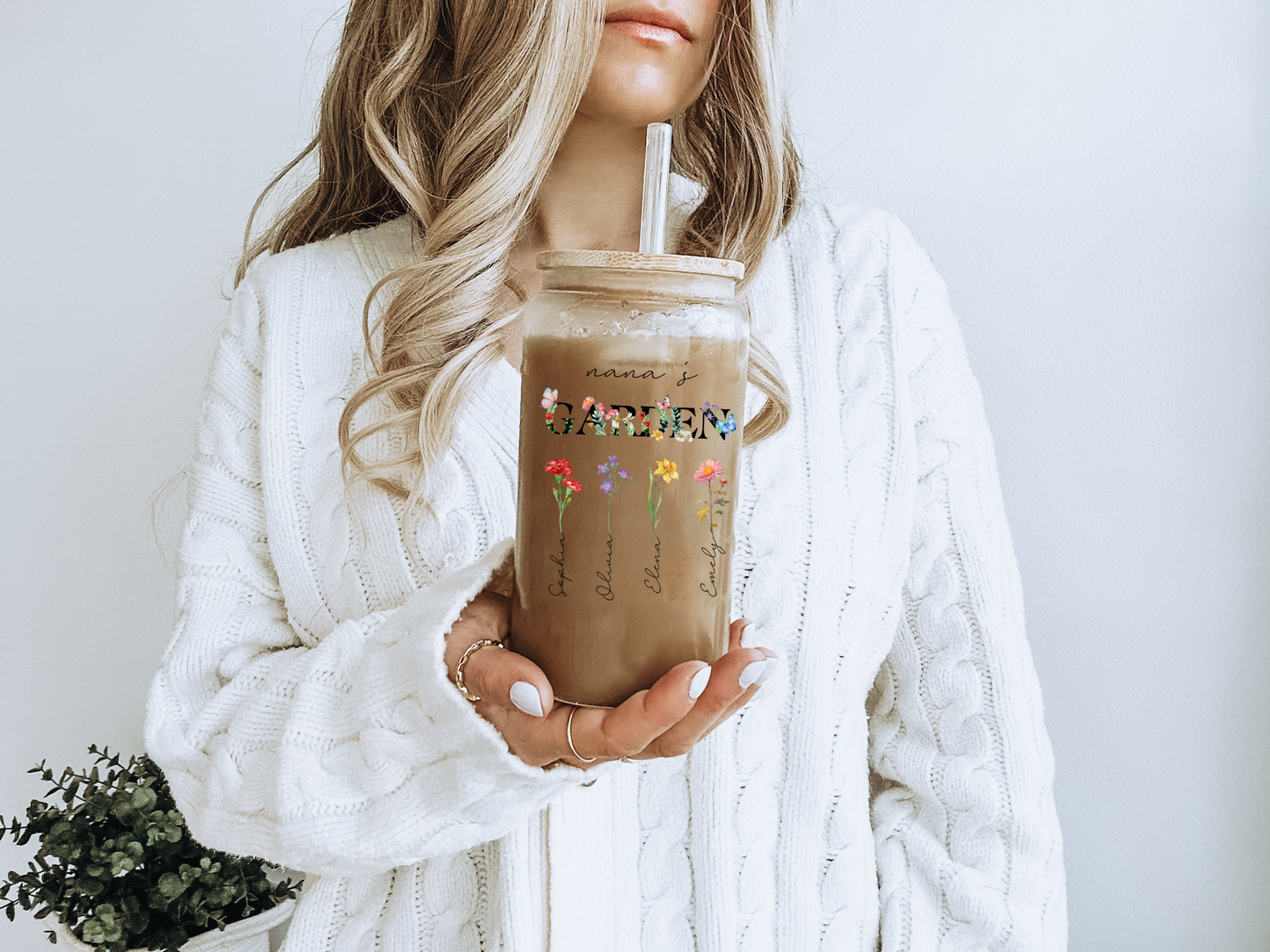 Personalized Grandma Sipper Glass with Birth Month Flowers Custom Nanas Garden Floral Iced Coffee Cup Gift for Grandma Nana or Mothers Day