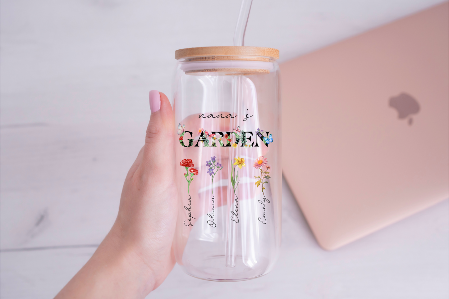 Personalized Grandma Sipper Glass with Birth Month Flowers Custom Nanas Garden Floral Iced Coffee Cup Gift for Grandma Nana or Mothers Day