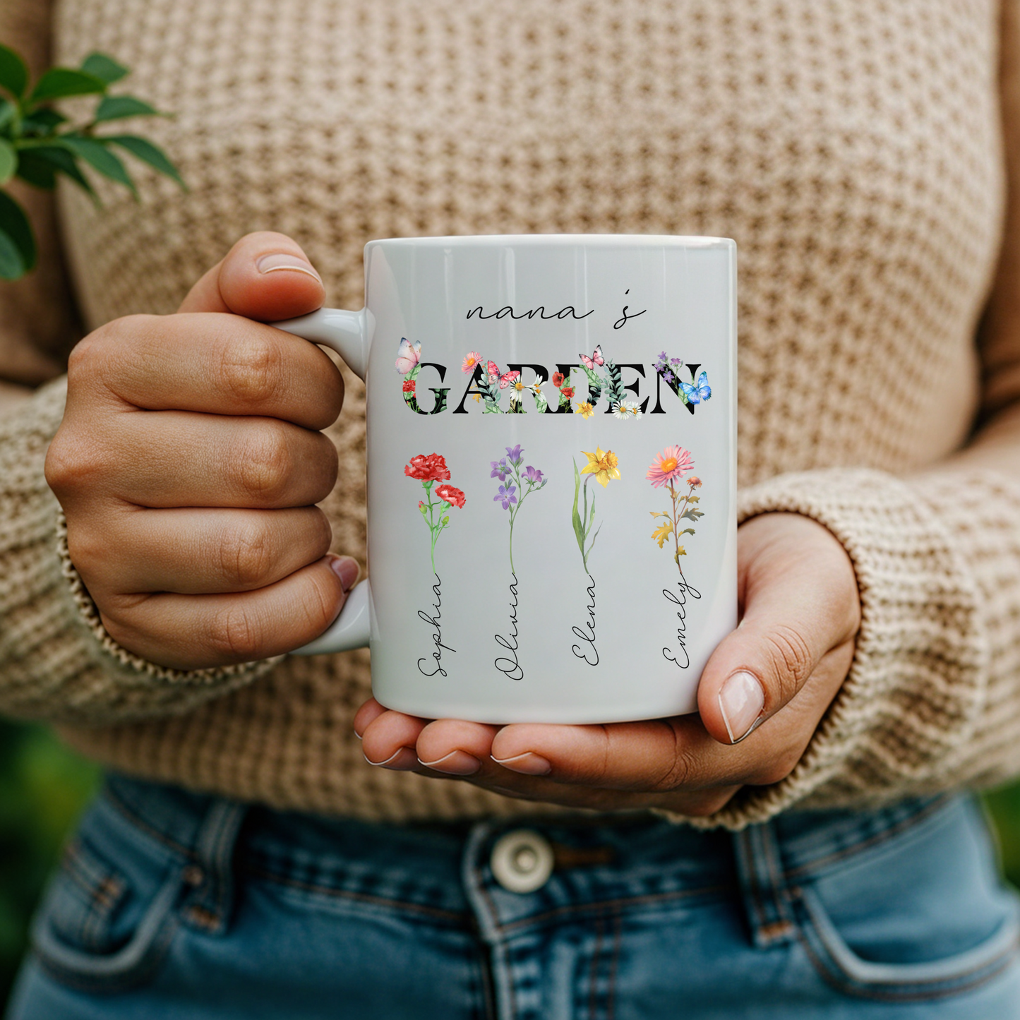 Custom Nana's Garden Mug with Birth Month Flowers Personalized Grandma Gift for Nana Mimi Birthday or Mother's Day Floral Coffee Cup