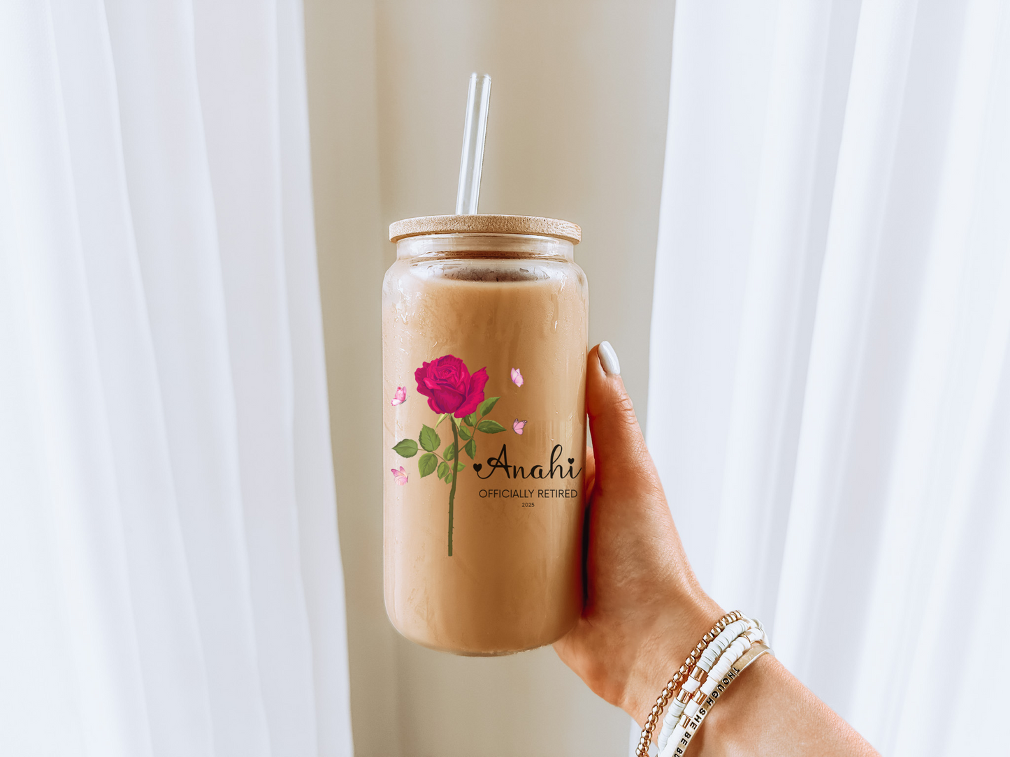 Retirement Sipper Glass with Custom Name & Floral Art, BPA-Free 16oz Glass with Lid Option, Thoughtful Gift for Retirement Celebration