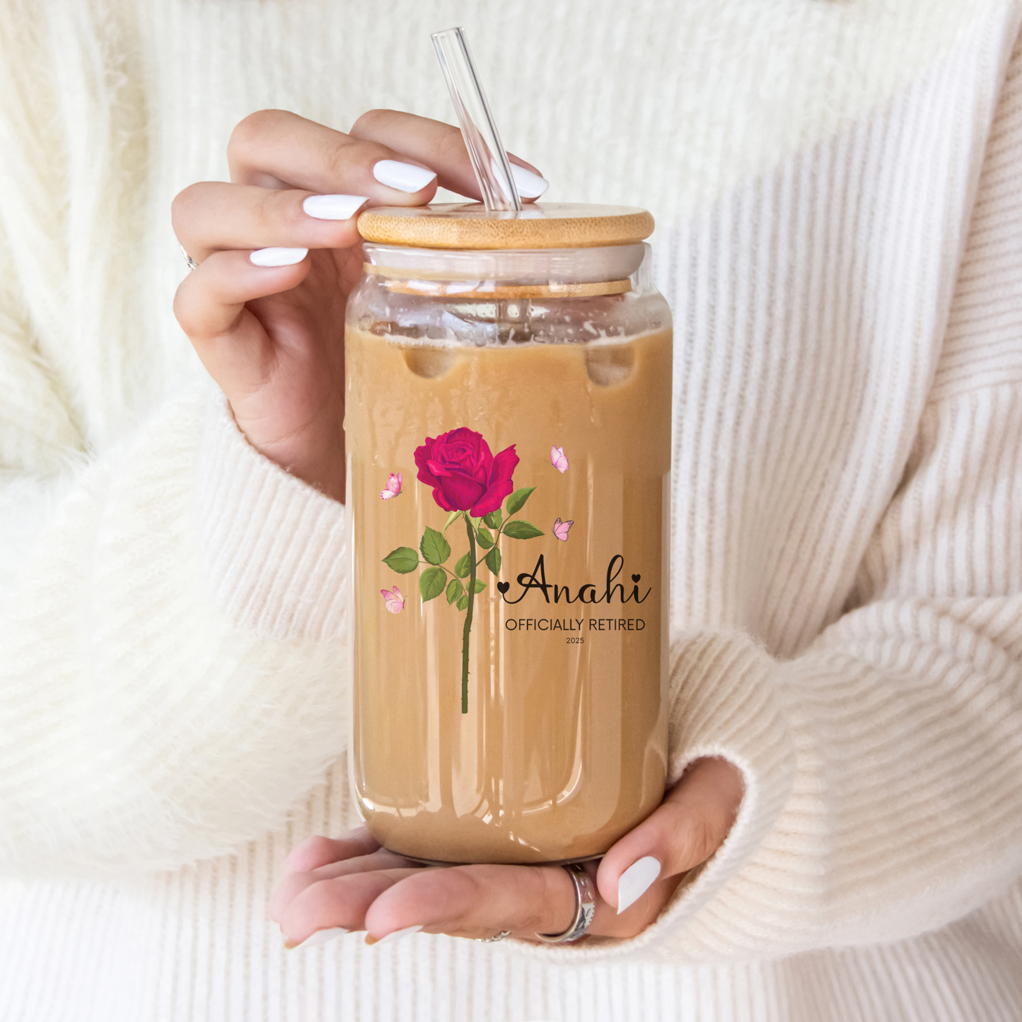 Retirement Sipper Glass with Custom Name & Floral Art, BPA-Free 16oz Glass with Lid Option, Thoughtful Gift for Retirement Celebration