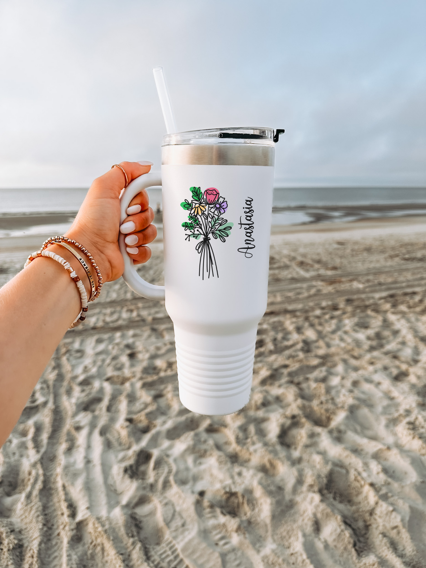 Personalized Insulated Travel Mug - Floral Design, Customizable 40oz Coffee Cup for Outdoor Adventures, Gifts & Holidays
