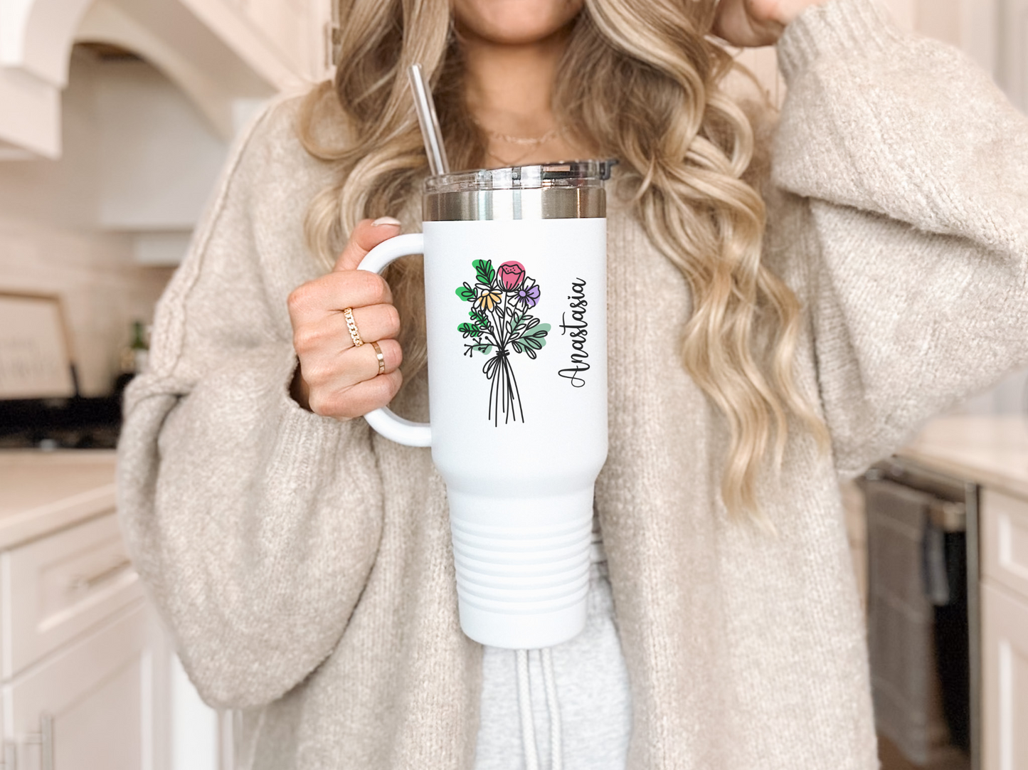 Personalized Insulated Travel Mug - Floral Design, Customizable 40oz Coffee Cup for Outdoor Adventures, Gifts & Holidays