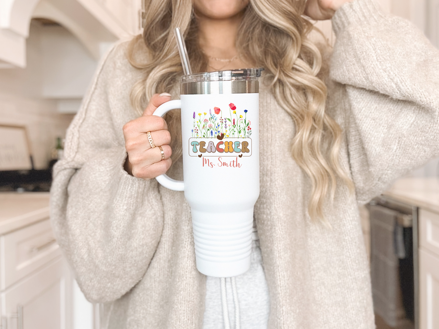 Teacher Travel Mug Personalized 40oz Insulated Tumbler, Floral Design for Coffee Lovers, Ideal Teacher Appreciation Gift, Back to School