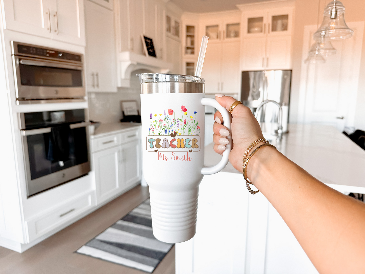 Teacher Travel Mug Personalized 40oz Insulated Tumbler, Floral Design for Coffee Lovers, Ideal Teacher Appreciation Gift, Back to School