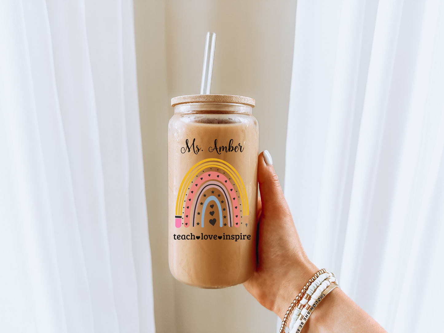 Personalised rainbow and pencil teacher sipper glass, custom iced coffee glass cup, perfect teacher appreciation, thank you teacher gift