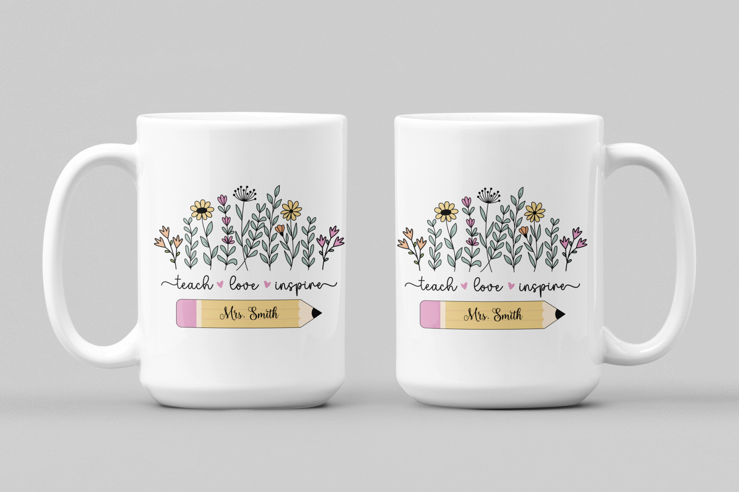 Personalised wildflower teacher mug, floral ceramic coffee cup custom name gift perfect for teacher appreciation, thank you teacher gift