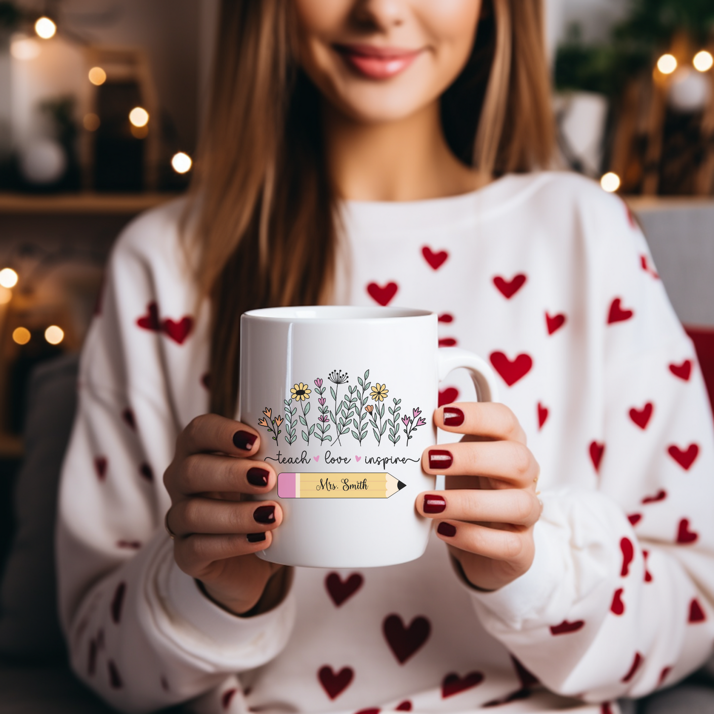 Personalised wildflower teacher mug, floral ceramic coffee cup custom name gift perfect for teacher appreciation, thank you teacher gift