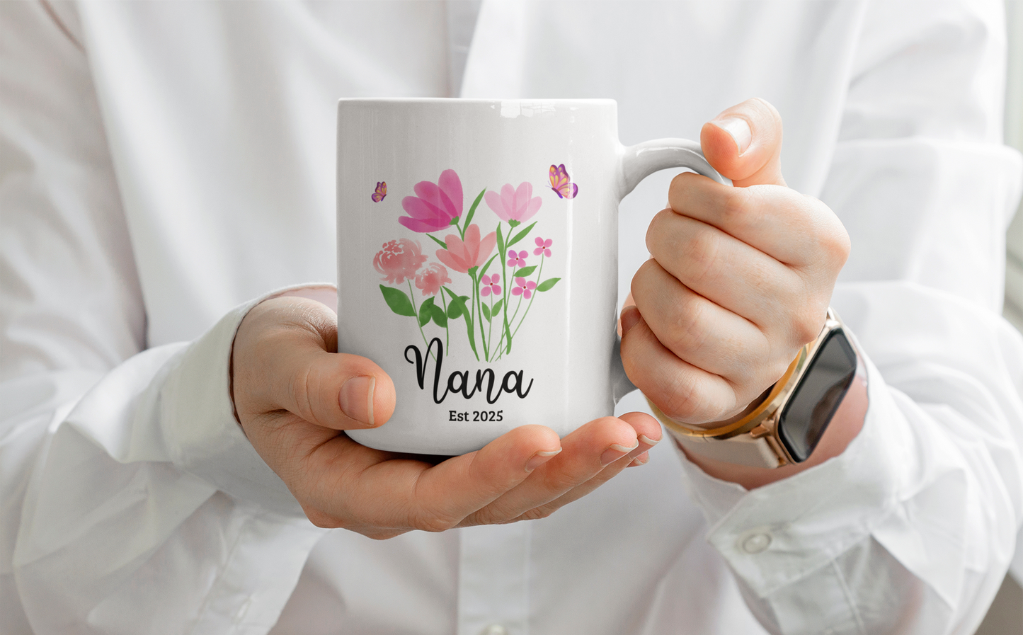 Personalised floral nana coffee mug, custom ceramic cup for new nana or grandma est 2025 gift perfect for mother's day, birthday, wildflower