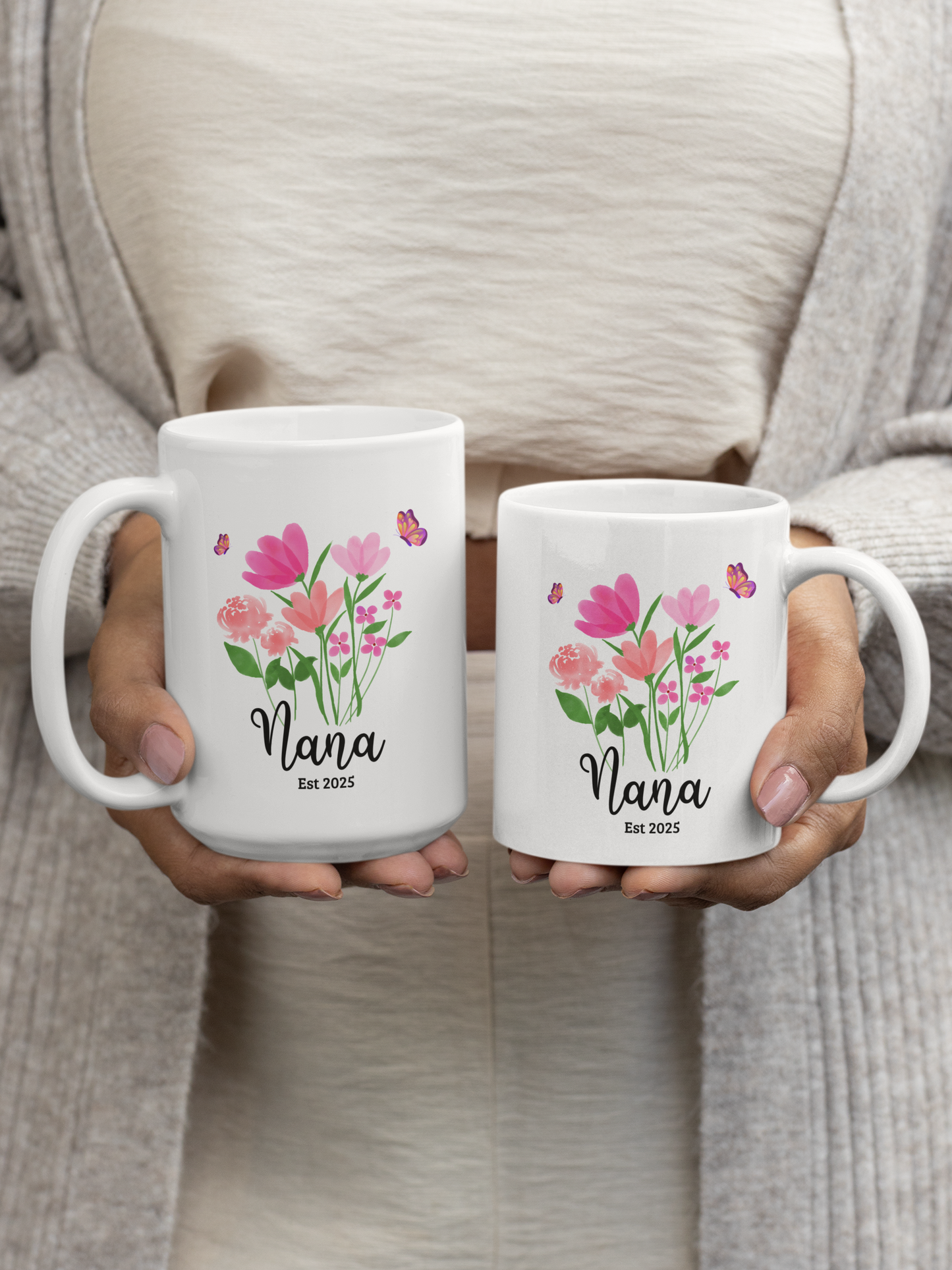 Personalised floral nana coffee mug, custom ceramic cup for new nana or grandma est 2025 gift perfect for mother's day, birthday, wildflower