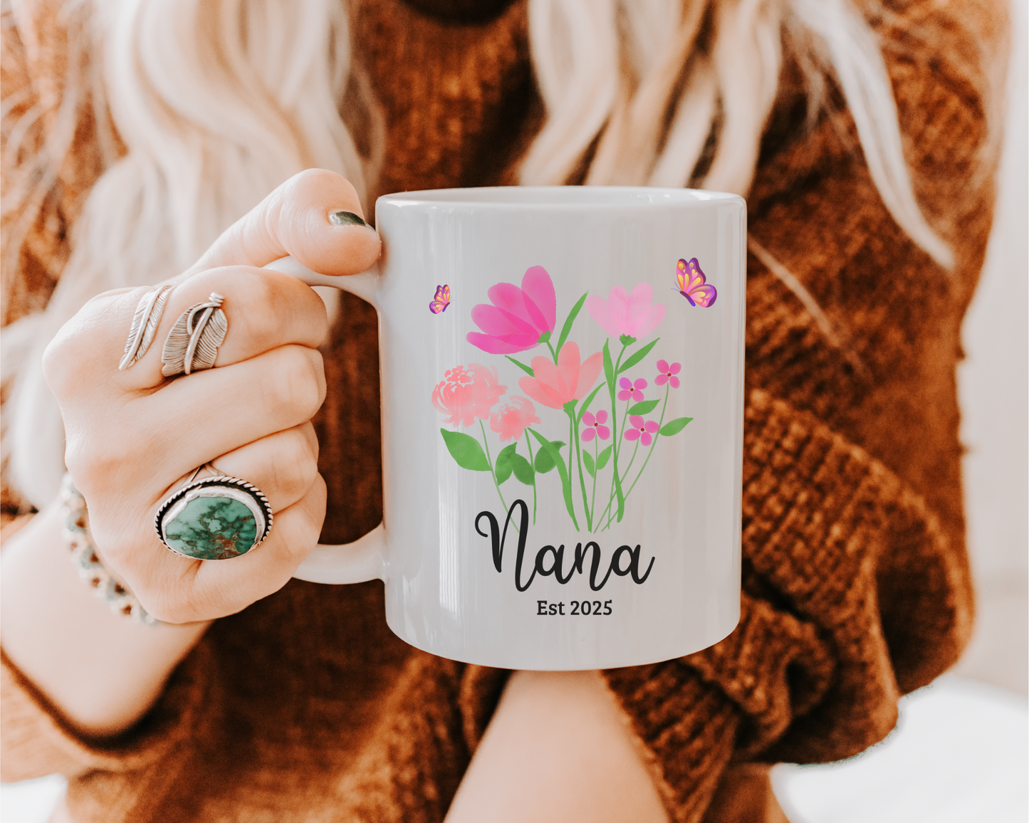 Personalised floral nana coffee mug, custom ceramic cup for new nana or grandma est 2025 gift perfect for mother's day, birthday, wildflower