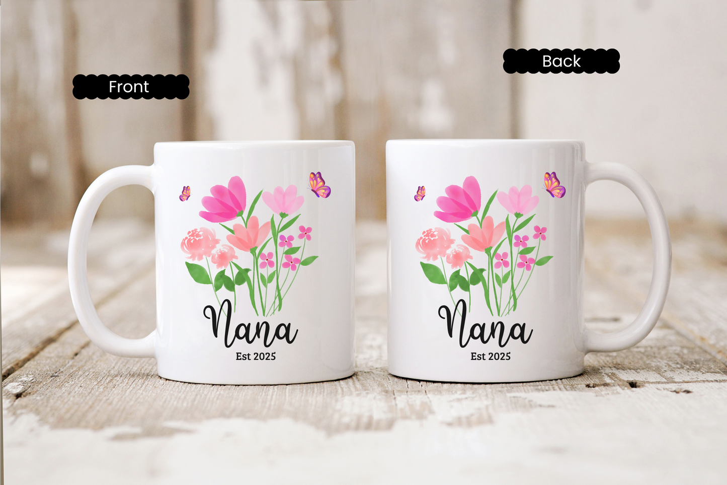 Personalised floral nana coffee mug, custom ceramic cup for new nana or grandma est 2025 gift perfect for mother's day, birthday, wildflower