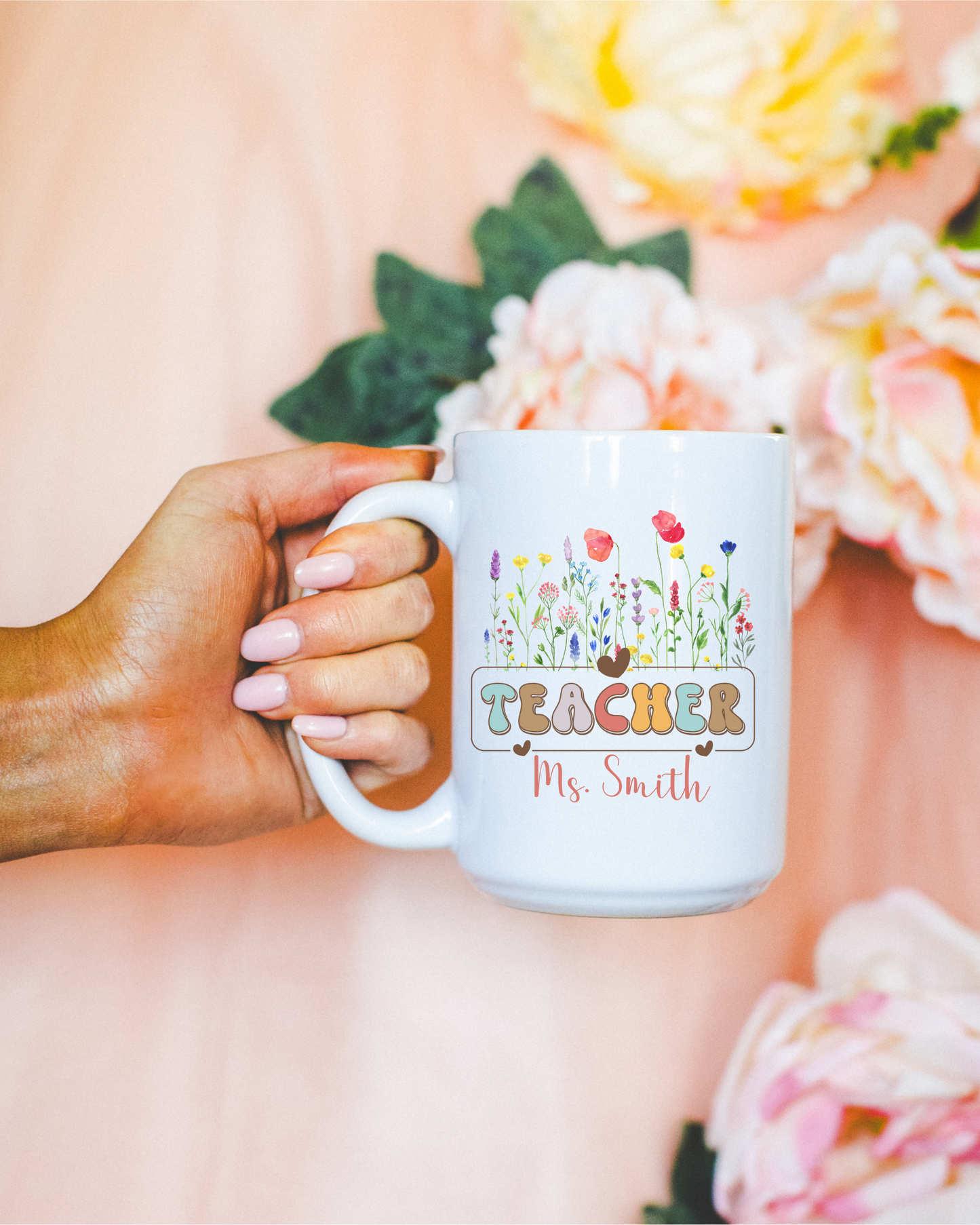 Custom Floral Teacher Coffee Mug with Name Personalized Teacher Gift for Birthday Appreciation Christmas or Back to School Wildflower Design