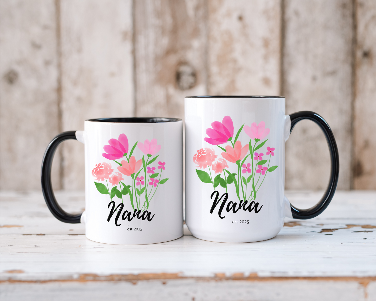 Custom Floral Nana Mug with Name Personalized Ceramic Coffee Cup for New Grandma Est 2025 Mothers Day or Birthday Gift Wildflower Design
