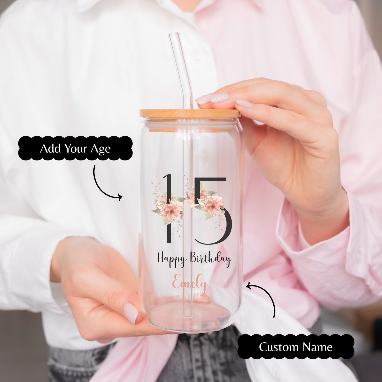 Personal Glass Cup with Custom Name and Floral Number Design Birth Flower Iced Coffee Sipper Perfect Gift for Birthday Christmas or Friends