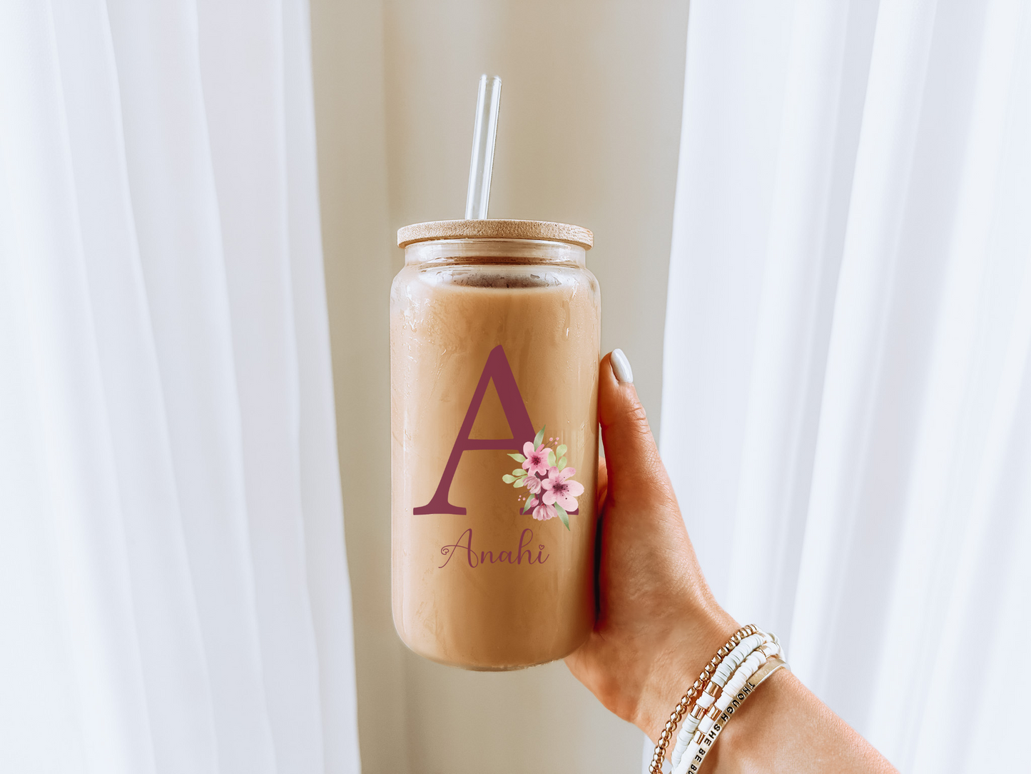 Personal Glass Cup with Floral Initial and Custom Name Iced Coffee Sipper Unique Birthday Gift for Mom Aunt Friend or Coworker Personzalized