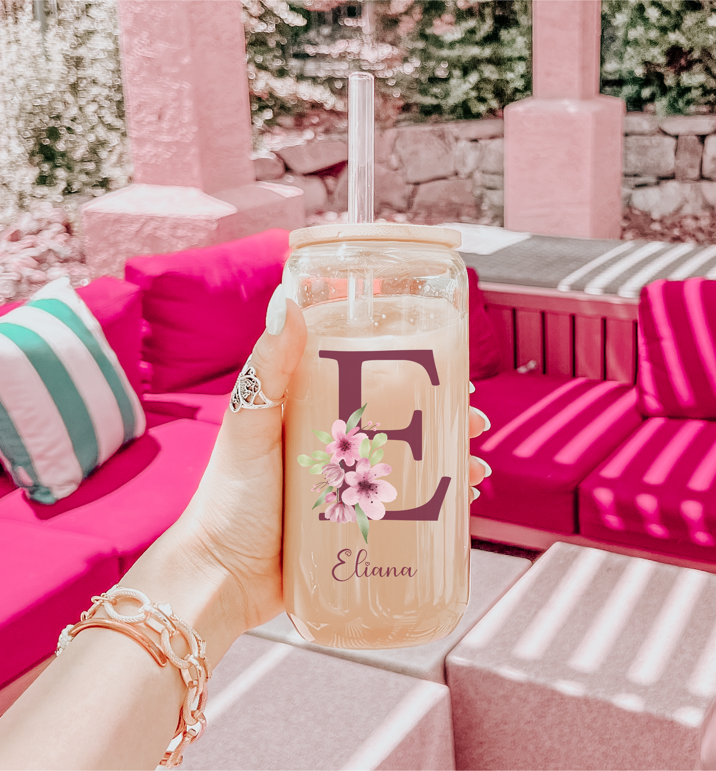 Personal Glass Cup with Floral Initial and Custom Name Iced Coffee Sipper Unique Birthday Gift for Mom Aunt Friend or Coworker Personzalized