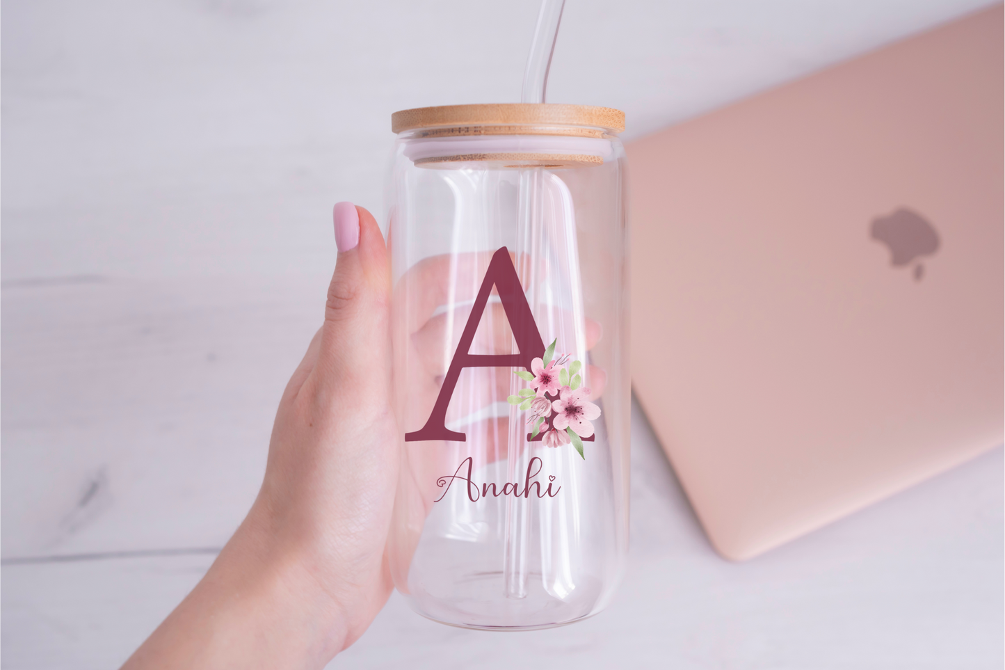 Personal Glass Cup with Floral Initial and Custom Name Iced Coffee Sipper Unique Birthday Gift for Mom Aunt Friend or Coworker Personzalized