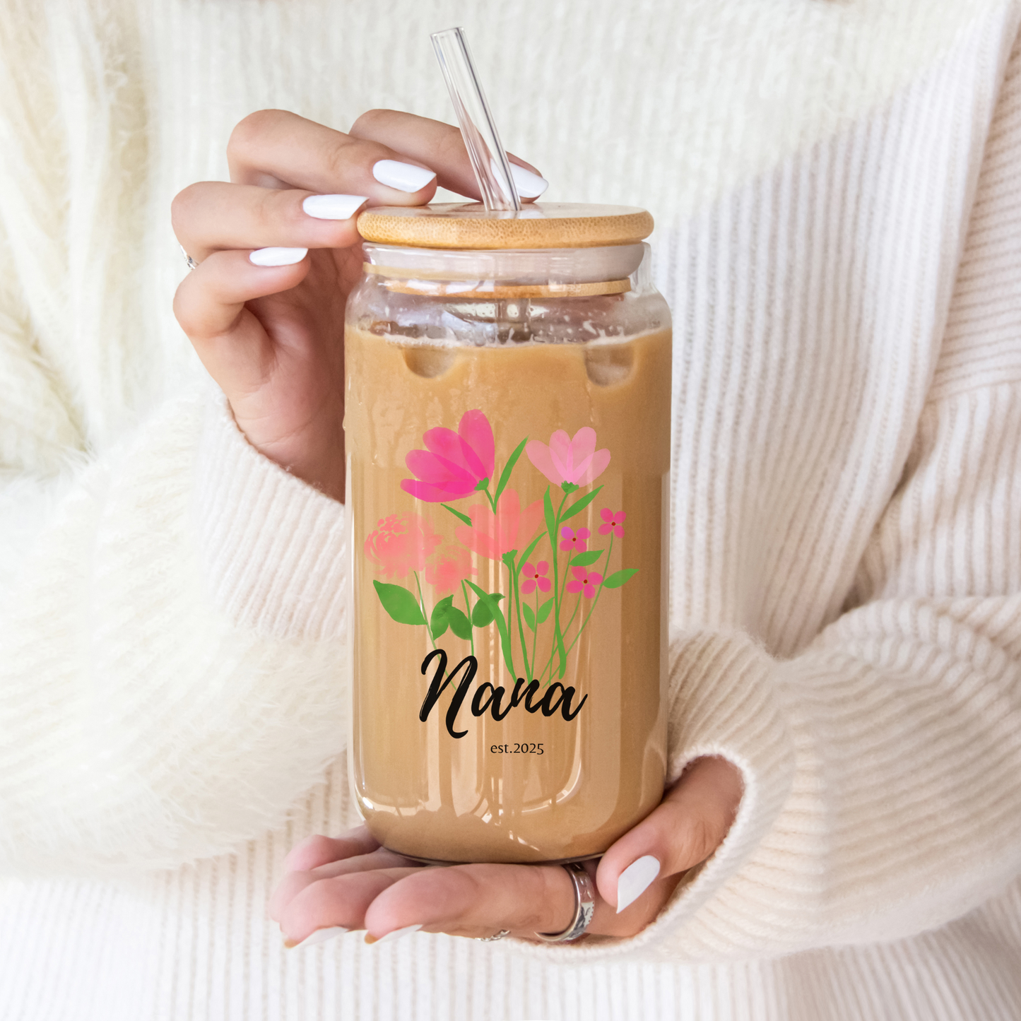 Custom Nana Glass Cup Floral Sipper with Kids Names Personalized Iced Coffee Glass Can Perfect Gift for Nana Mother's Day or Birthday