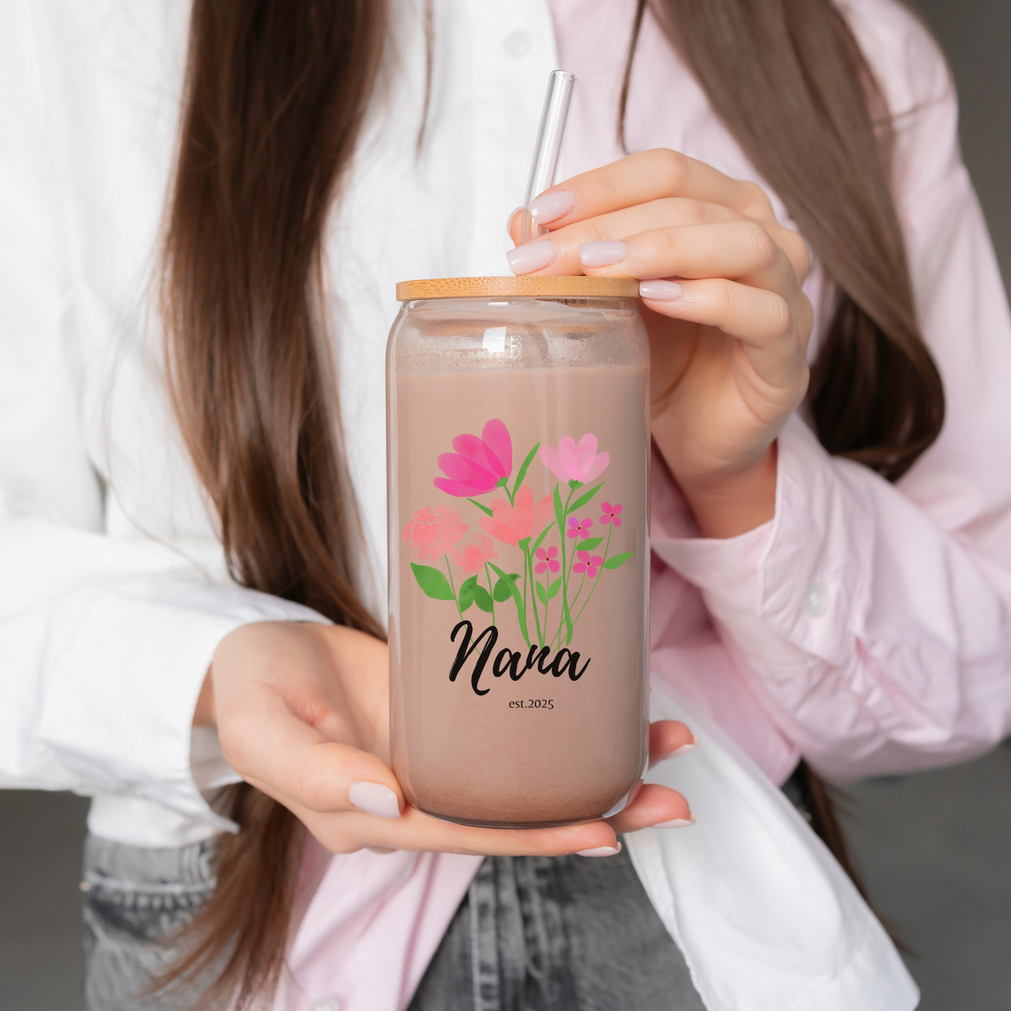 Custom Nana Glass Cup Floral Sipper with Kids Names Personalized Iced Coffee Glass Can Perfect Gift for Nana Mother's Day or Birthday