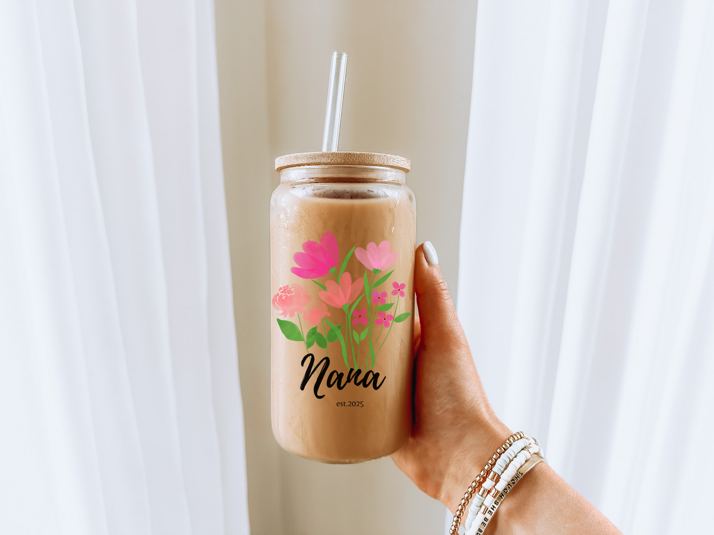 Custom Nana Glass Cup Floral Sipper with Kids Names Personalized Iced Coffee Glass Can Perfect Gift for Nana Mother's Day or Birthday