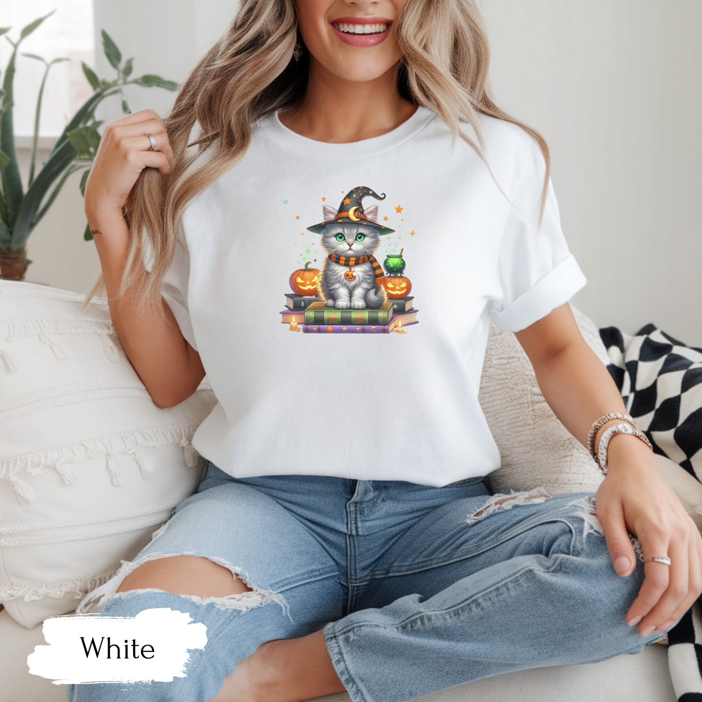 Cute Ghost Cat Halloween Shirt | Spooky Black Cat Tee for Women & Adults | Fall Graphic T-Shirt