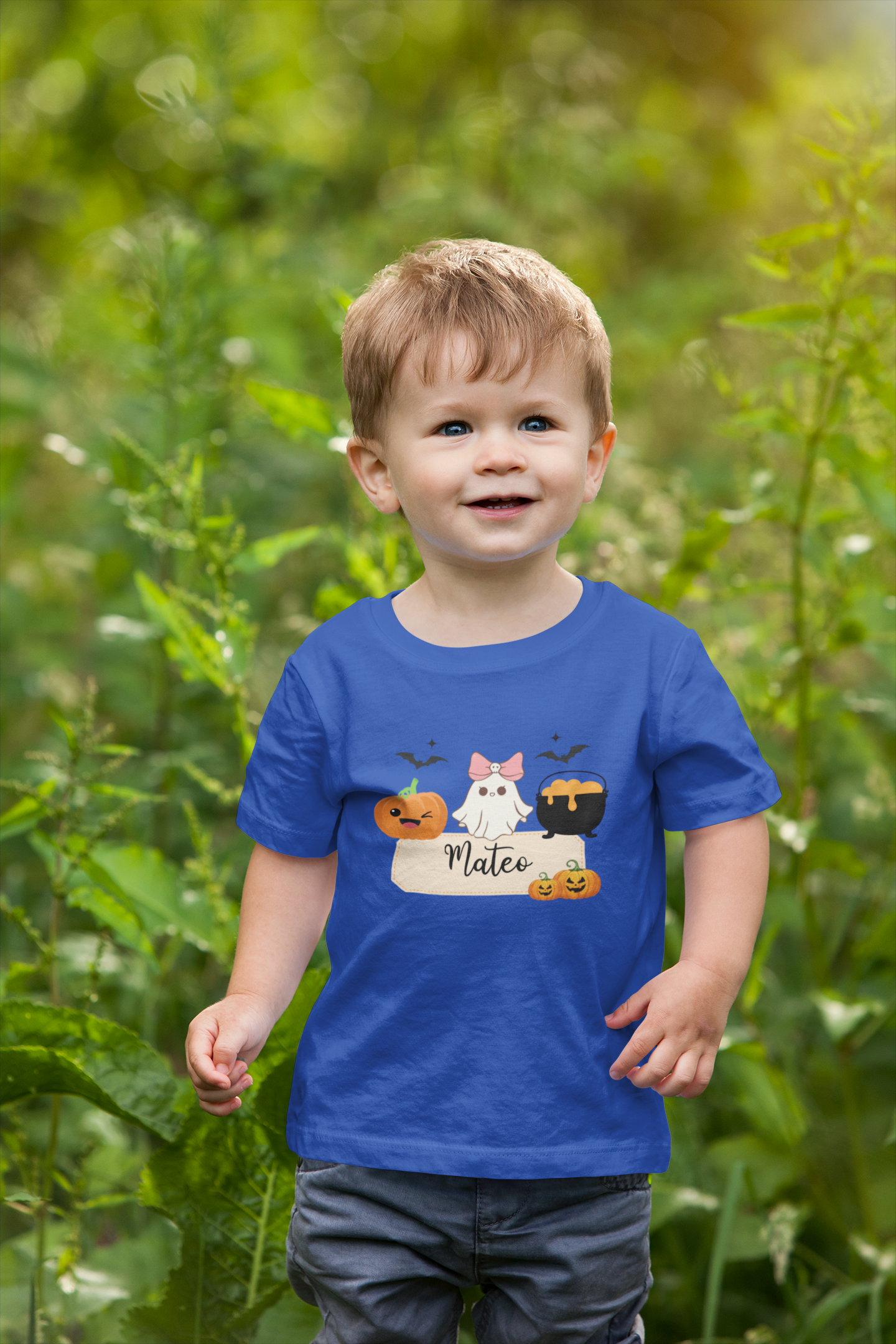 Personalized Halloween Toddler Tee, Ghost and Pumpkin Design for Kids, Cute Halloween Shirt