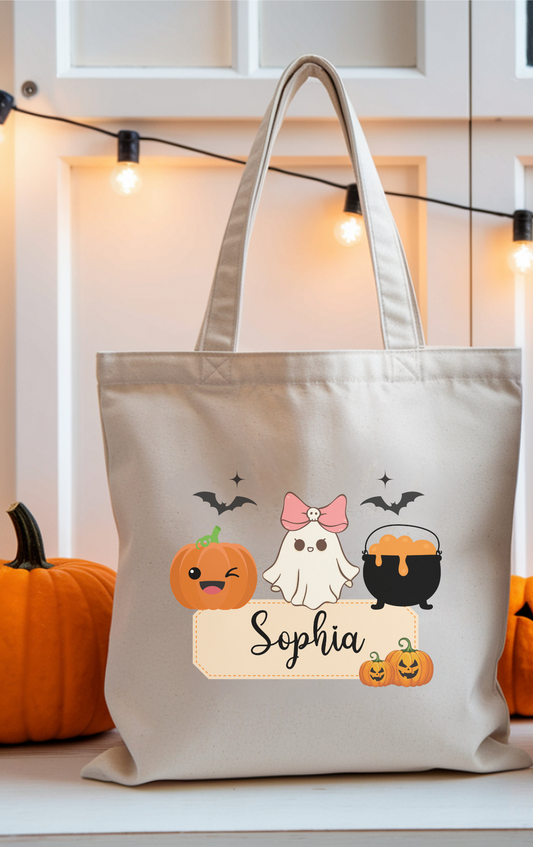 Personalized Halloween Cotton Canvas Tote Bag | Trick or Treat Bag, Cute Ghost Design, Kids Gift, Eco-Friendly Shopping Bag, Custom Name