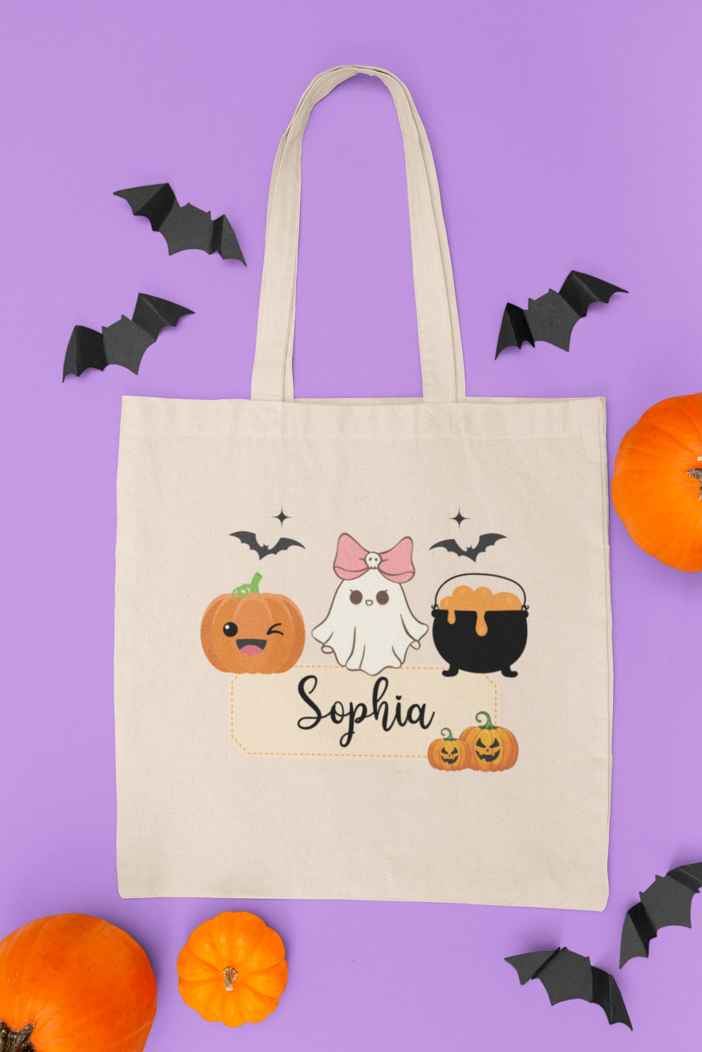 Personalized Halloween Cotton Canvas Tote Bag | Trick or Treat Bag, Cute Ghost Design, Kids Gift, Eco-Friendly Shopping Bag, Custom Name
