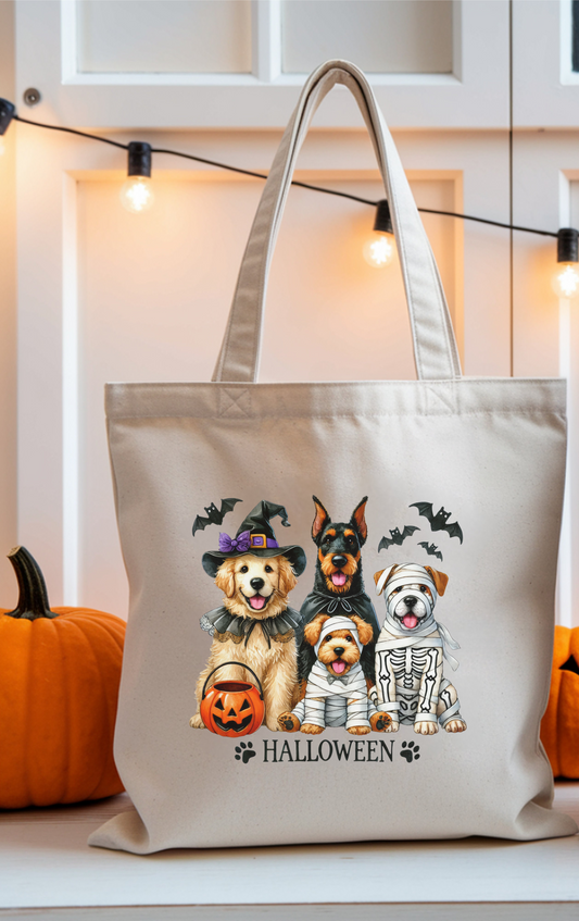 Halloween Dog Design Cotton Canvas Tote Bag, Eco-Friendly Shopping Bag, Gift for Dog Lovers, Halloween Treat Bag, Reusable Dog Tote