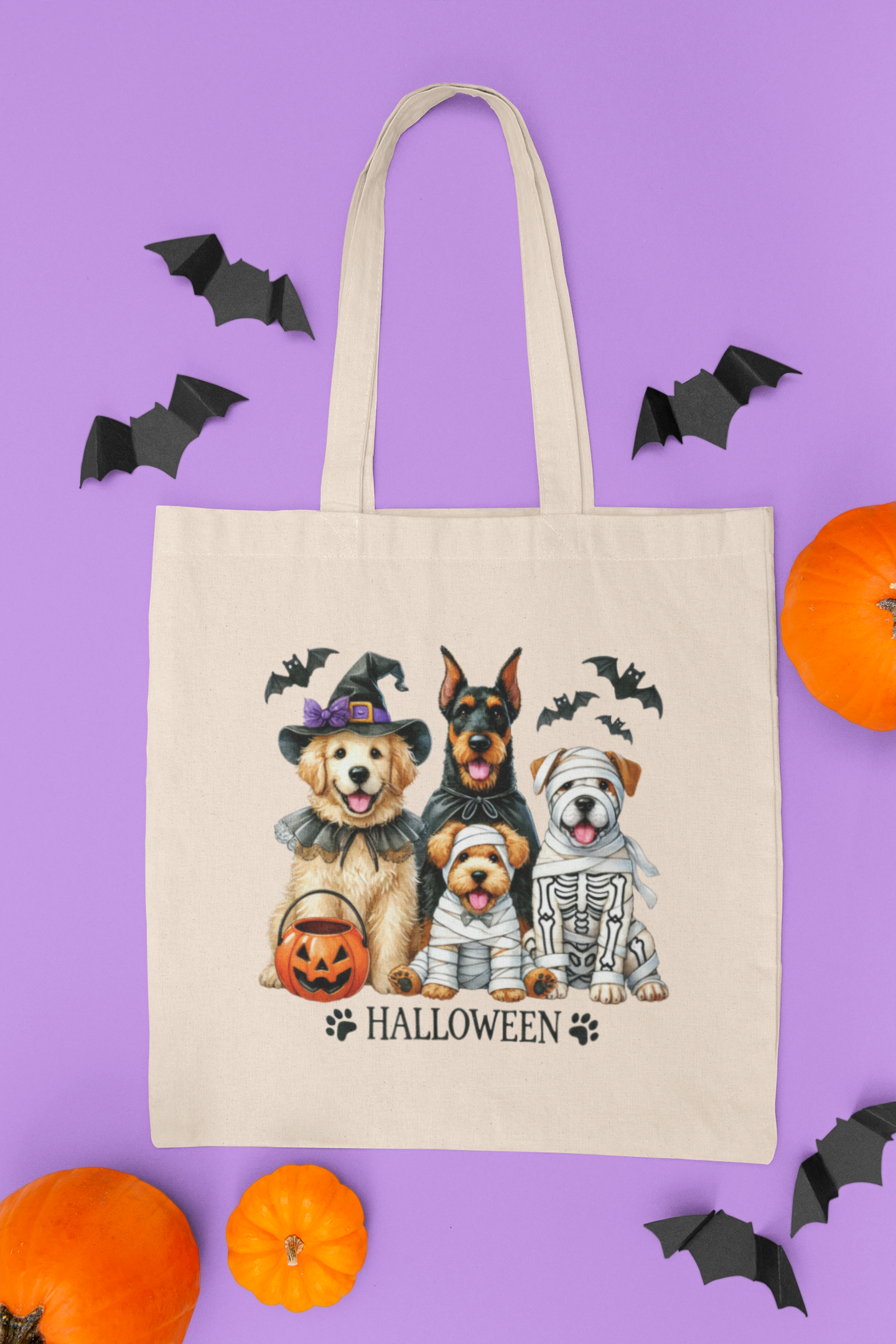 Halloween Dog Design Cotton Canvas Tote Bag, Eco-Friendly Shopping Bag, Gift for Dog Lovers, Halloween Treat Bag, Reusable Dog Tote