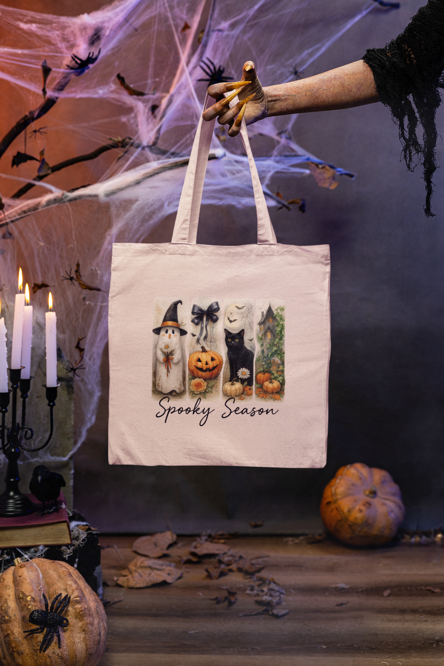 Spooky Season Cotton Canvas Tote Bag, Halloween Tote, Trick or Treat Bag, Eco-Friendly Shopper, Fall Accessories, Pet Lover Gift