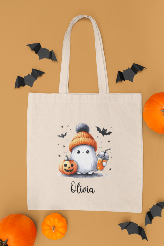 Cute Halloween Ghost Tote Bag, Personalized Reusable Shopping Bag, Autumn Gift, Eco-Friendly Tote, Trick or Treat Bag