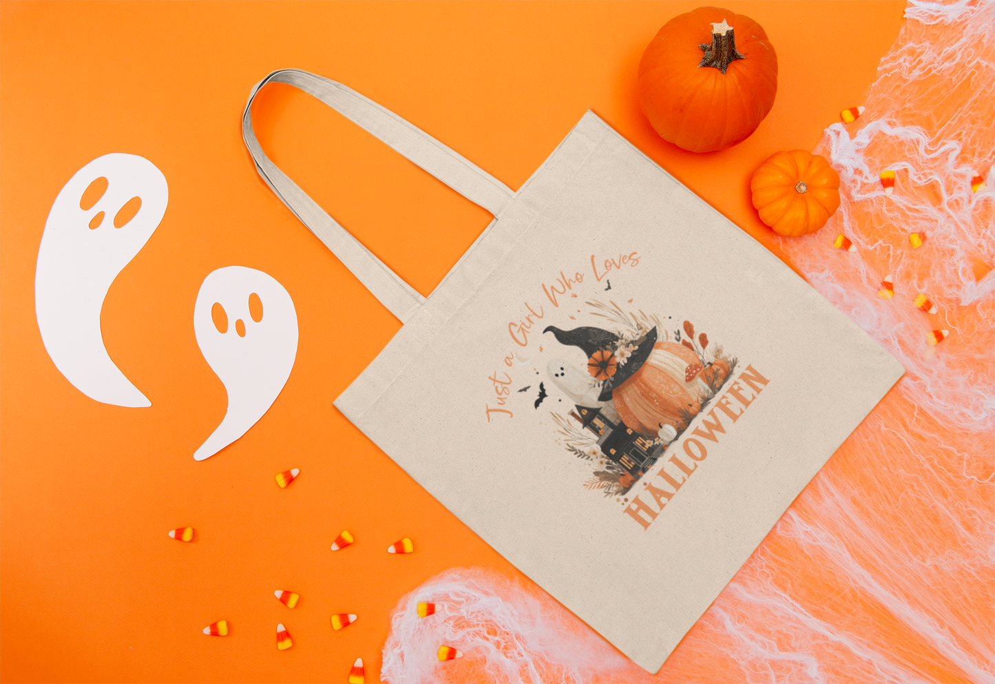 Halloween-Themed Cotton Canvas Tote Bag, Pumpkin Design