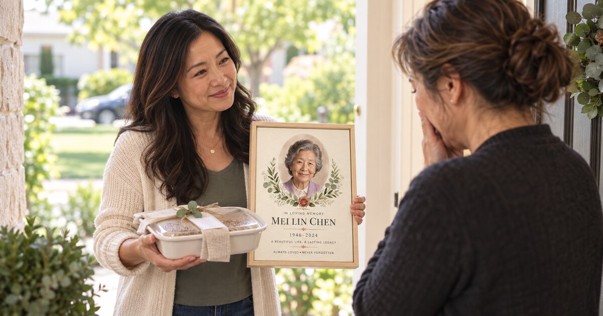 Woman delivering a personalized memorial canvas and meal as an alternative sympathy gift