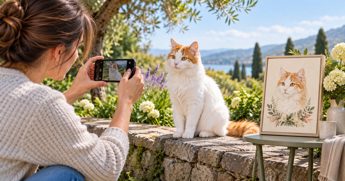 Woman photographing an orange and white cat beside a realistic 12 by 16 inch custom watercolor pet portrait canvas