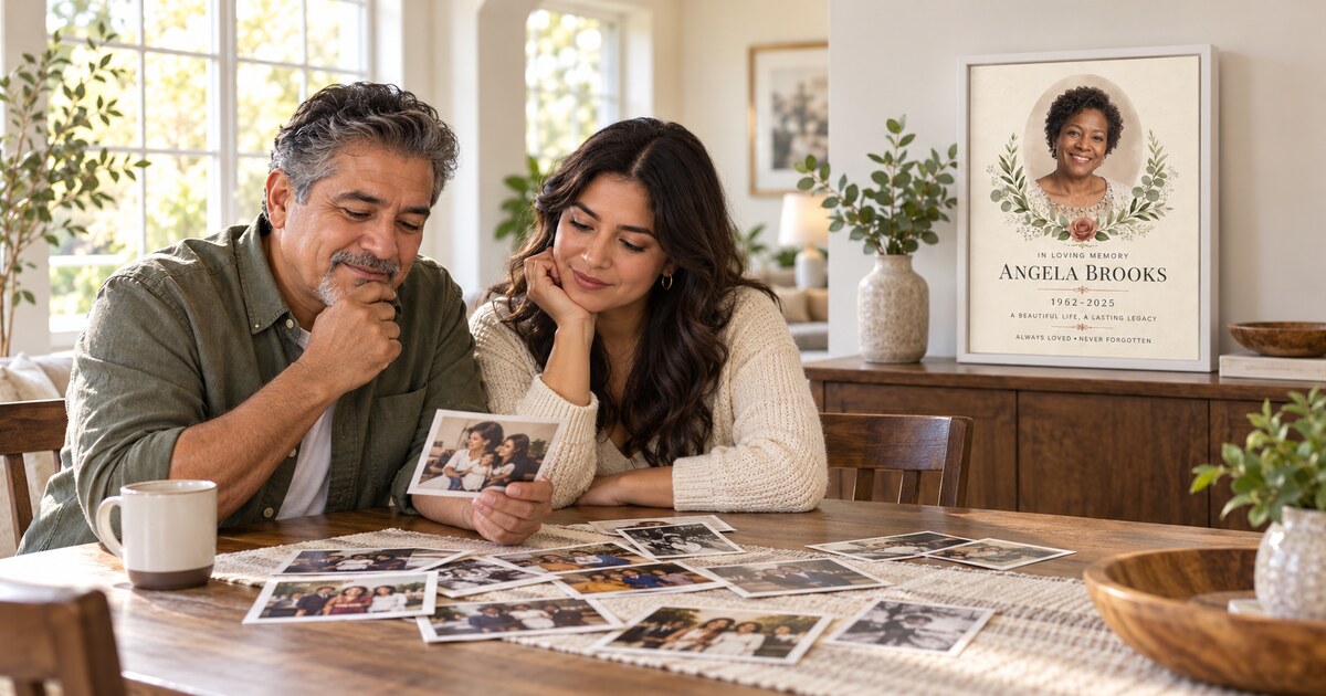 Family selecting photographs beside a personalized memorial canvas honoring Angela Brooks