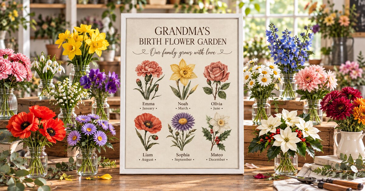 Vertical Grandma birth flower canvas surrounded by flowers for every month