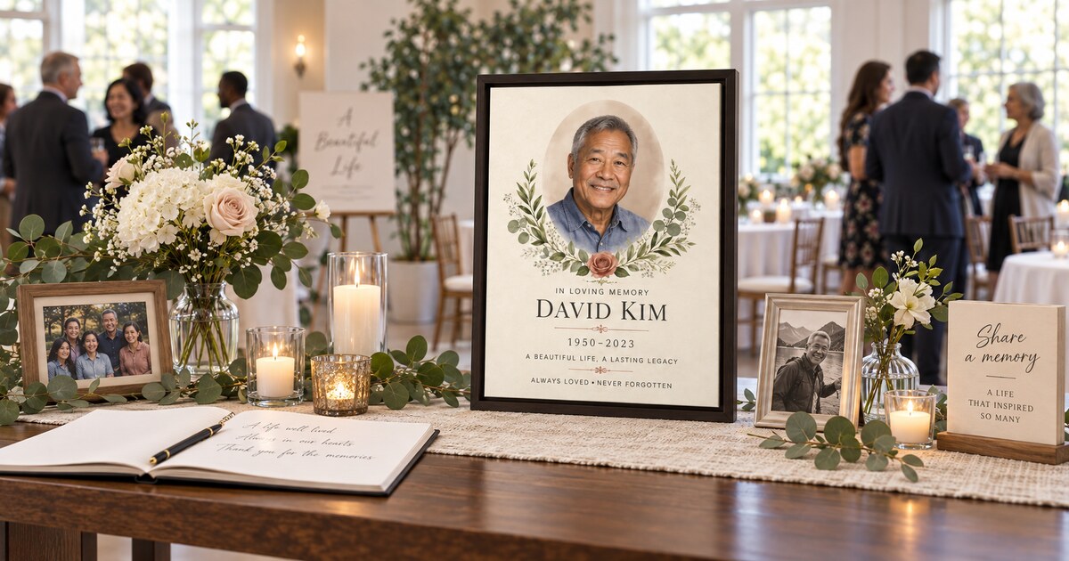Panoramic celebration of life display with a personalized memorial canvas honoring David Kim