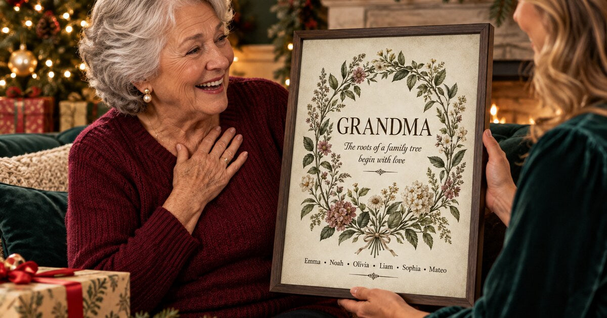 Grandmother receiving a vertical personalized botanical canvas at Christmas