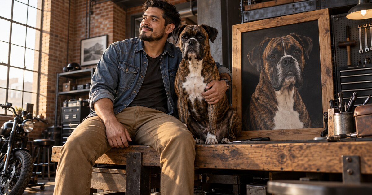 Dog dad with a brindle Boxer and a realistic personalized framed pet portrait in an industrial loft