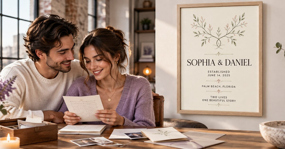 Editorial lifestyle scene for First Anniversary Gift Ideas for Couples featuring a personalized vertical framed canvas