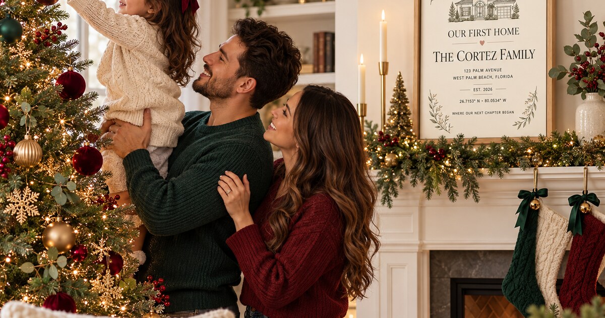 Editorial lifestyle scene for First Christmas in a New Home Gift Ideas featuring a personalized vertical framed canvas