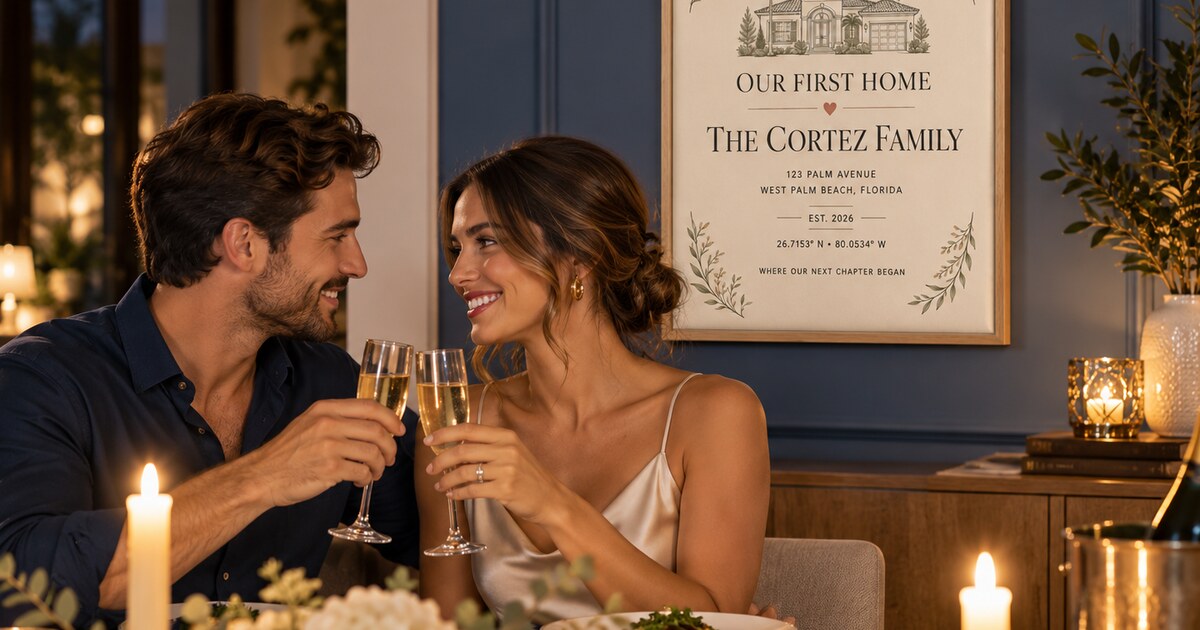 Editorial lifestyle scene for First Home Anniversary Gift Ideas featuring a personalized vertical framed canvas