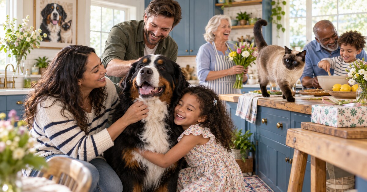 Family celebrating with a Bernese Mountain Dog and Siamese cat in a bright kitchen