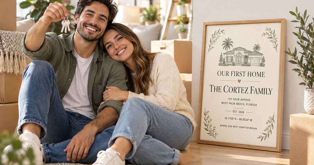 Editorial lifestyle scene for Meaningful Gifts for Someone Moving Into Their First House featuring a personalized vertical framed canvas