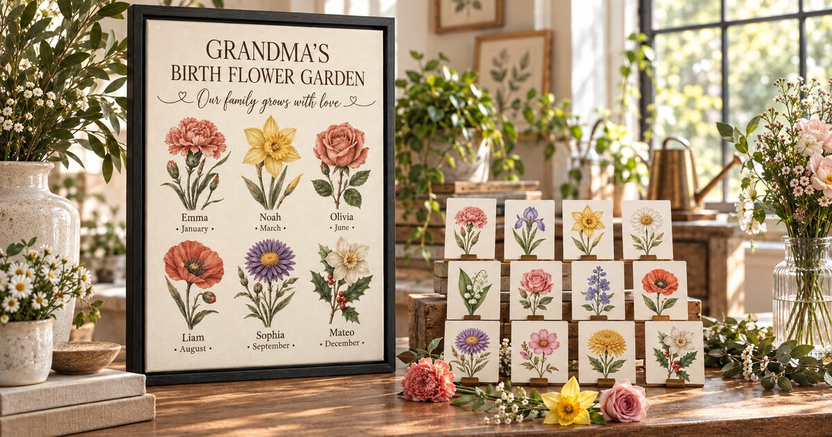 Vertical Grandma birth flower canvas with flowers representing family birth months