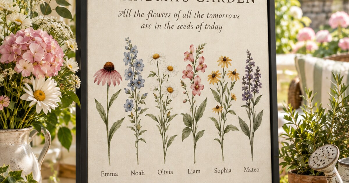 Vertical Grandma's Garden canvas displayed in a flower-filled conservatory