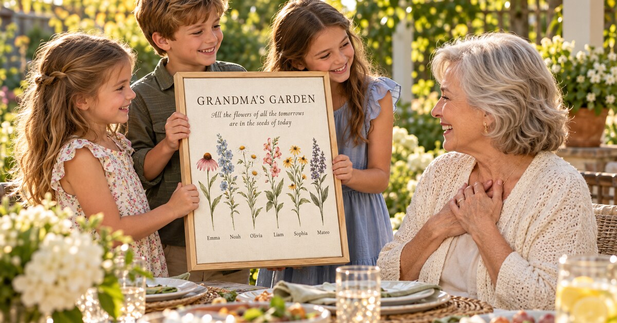Grandchildren giving Grandma a vertical garden canvas personalized with their names