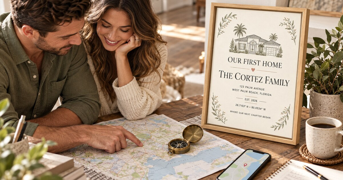 Editorial lifestyle scene for How to Find the Coordinates of a Home featuring a personalized vertical framed canvas
